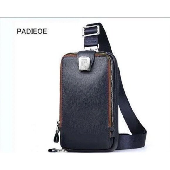Padieoe Men's Black / Navy Leather Messenger Chest Body Clutch EUC Crossbody - Picture 1 of 12